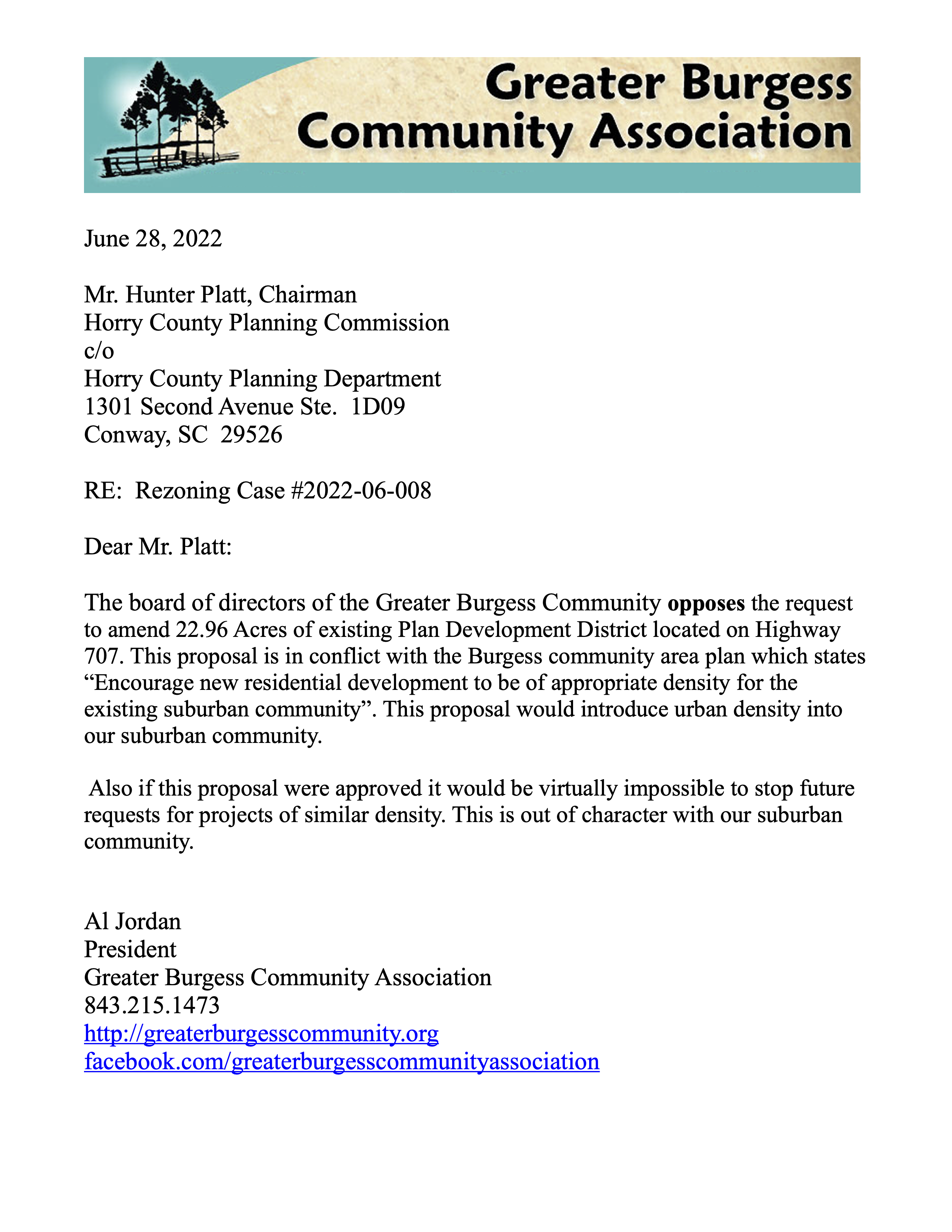 Letter to Planning Commission on ammending PDD on Hwy 707 6 28 2022