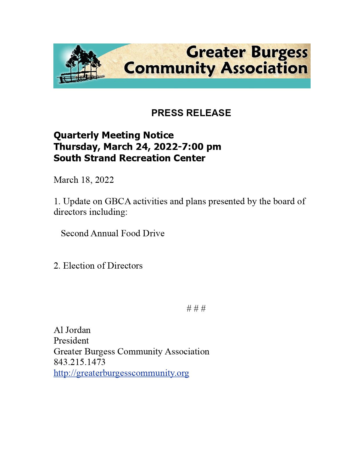 PRESS RELEASE 3 24 22 Quarterly Meeting 2